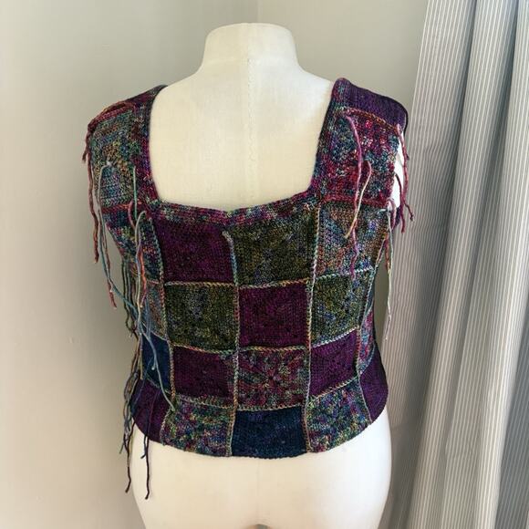 Handmade Granny Square Crochet Boho Top OverSize Square Neck Fringe Festival - Picture 4 of 9